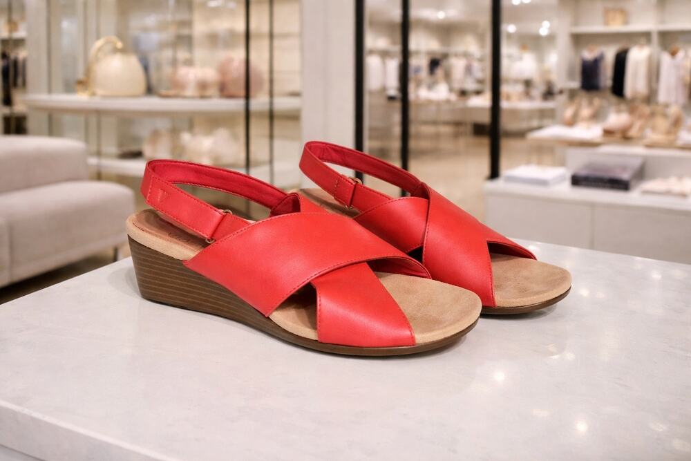 Vionic McKenna Sandals 11 Red Metallic Slingback Comfort Wedge Strap Travel Chic